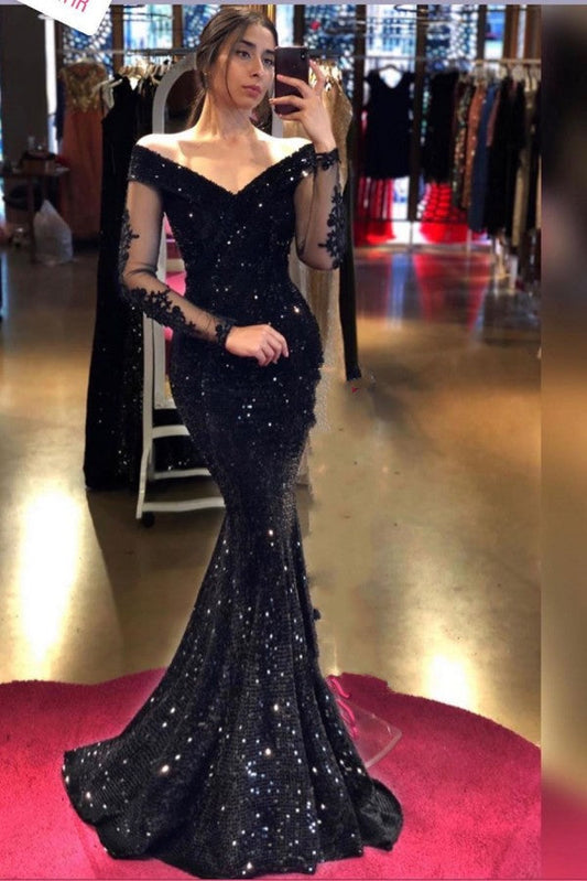 Vestido de fiesta largo negro de sirena con hombros descubiertos, lentejuelas y mangas