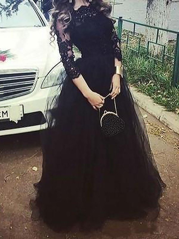 Vestido de fiesta de tul con mangas 3/4 y escote barco, largo hasta el suelo, con encaje
