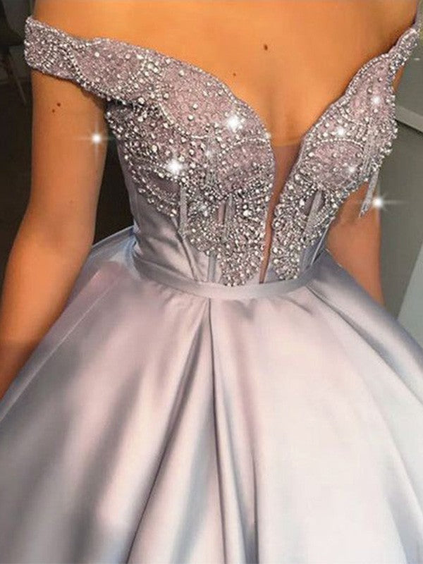 Vestidos de fiesta largos hasta el suelo sin mangas con hombros descubiertos y satén con cuentas