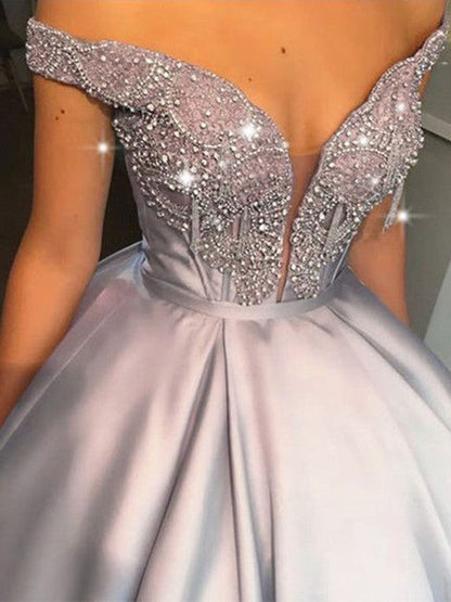 Vestidos de fiesta largos hasta el suelo sin mangas con hombros descubiertos y satén con cuentas