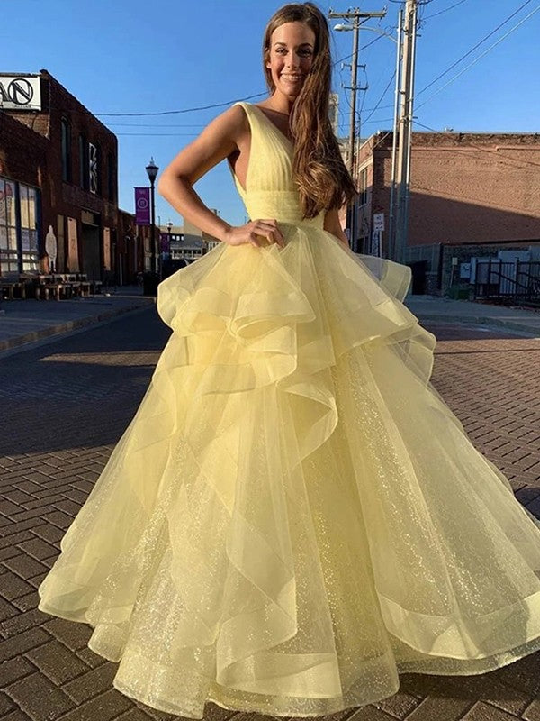 Vestidos de fiesta de organza sin mangas con volantes y escote en V hasta el suelo
