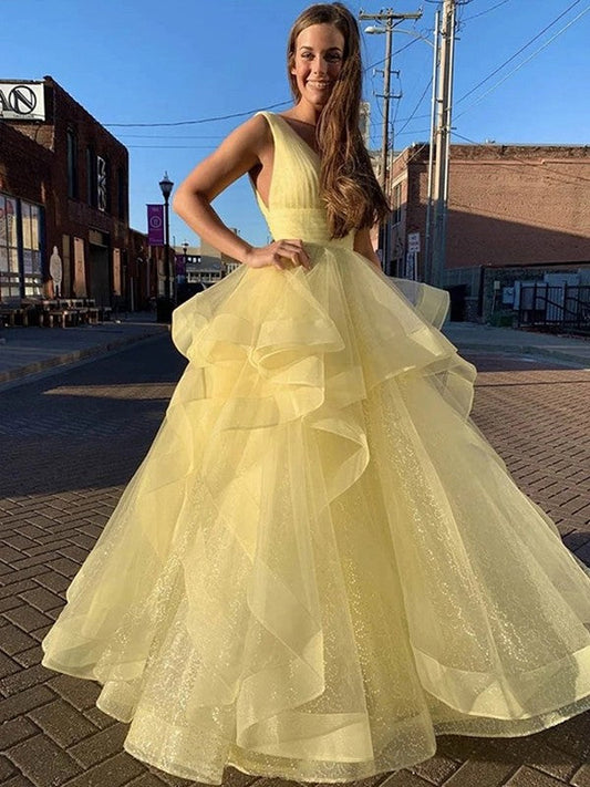 Vestidos de fiesta de organza sin mangas con volantes y escote en V hasta el suelo