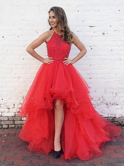 Vestidos de fiesta de tul con cuentas y cuello halter sin mangas