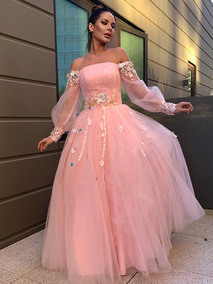 Vestido de fiesta largo hasta el suelo con mangas largas de tul y flores hechas a mano