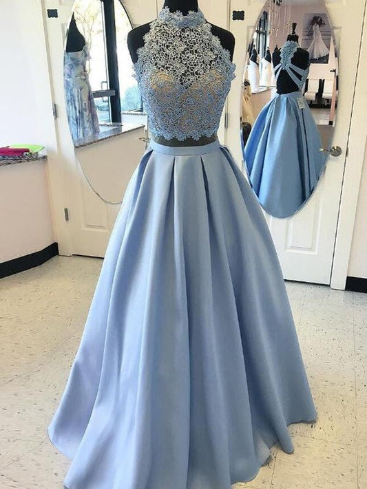 Vestido de fiesta de dos piezas de satén con cuello alto, sin mangas y apliques hasta el suelo