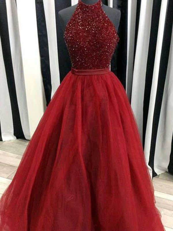 Vestidos de fiesta de organza con cuello alto, sin mangas y hasta el suelo con cuentas