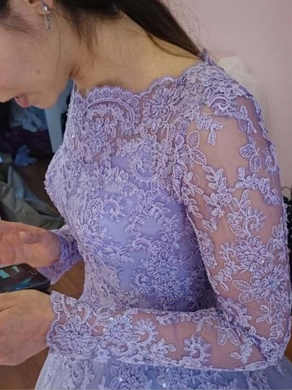 Vestidos de fiesta de tul con encaje, mangas largas y joya hasta el suelo
