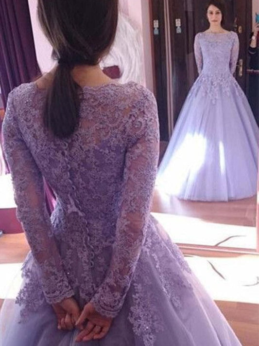 Vestidos de fiesta de tul con encaje, mangas largas y joya hasta el suelo