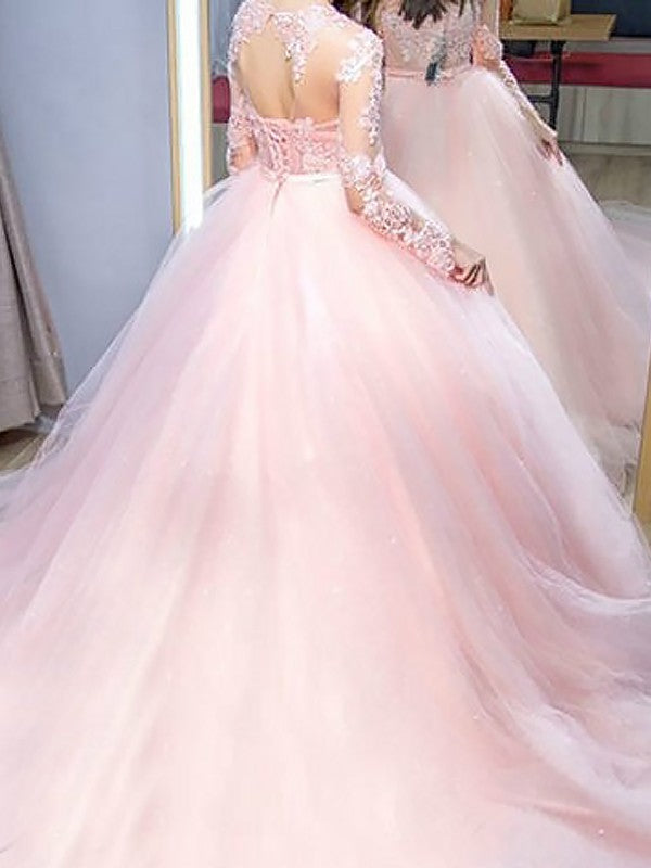 Vestidos de fiesta de tul con encaje y mangas largas con joya