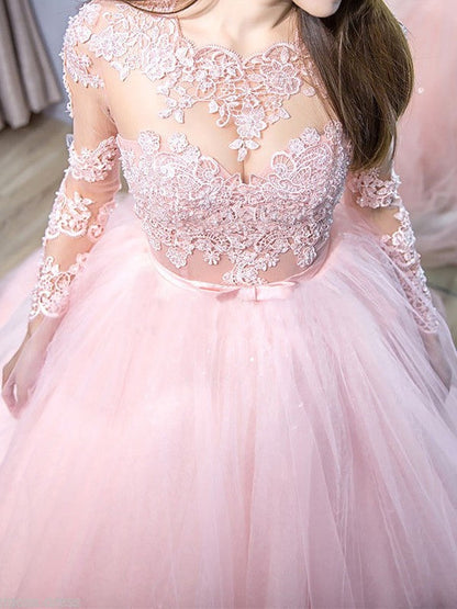 Vestidos de fiesta de tul con encaje y mangas largas con joya