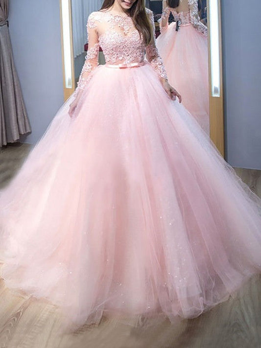 Vestidos de fiesta de tul con encaje y mangas largas con joya