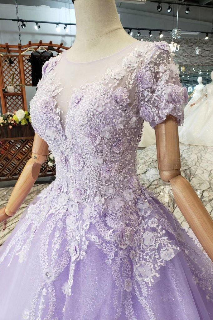 Vestidos de fiesta de manga corta color lila con encaje PM244