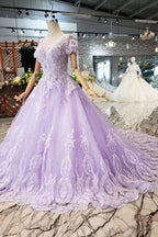 Vestidos de fiesta de manga corta color lila con encaje PM244
