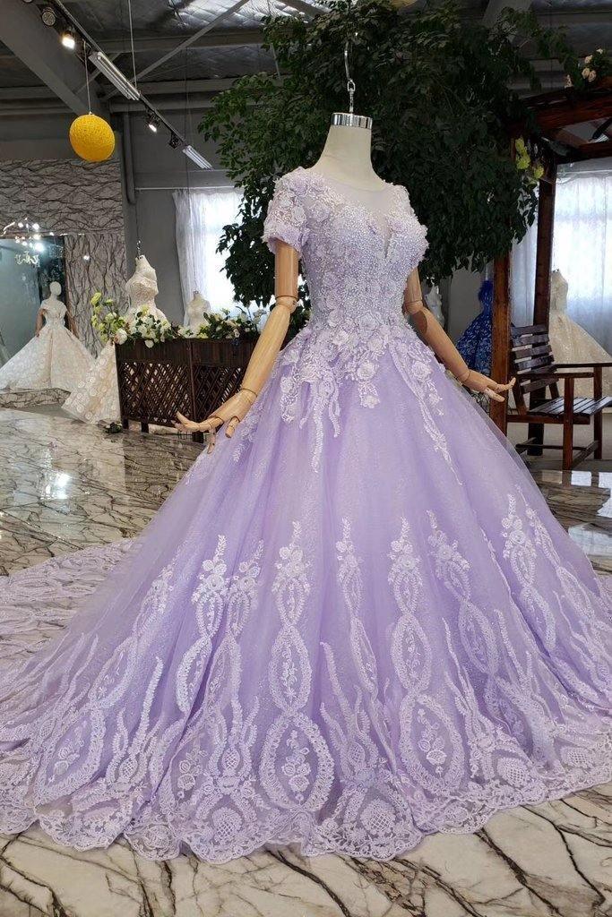 Vestidos de fiesta de manga corta color lila con encaje PM244