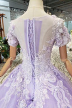 Vestidos de fiesta de manga corta color lila con encaje PM244