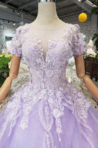 Vestidos de fiesta de manga corta color lila con encaje PM244