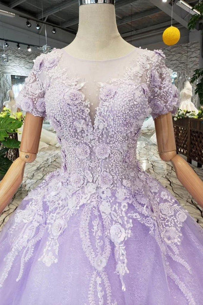 Vestidos de fiesta de manga corta color lila con encaje PM244
