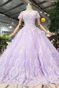 Vestidos de fiesta de manga corta color lila con encaje PM244
