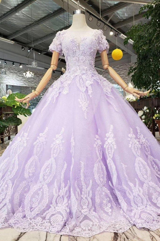 Vestidos de fiesta de manga corta color lila con encaje PM244