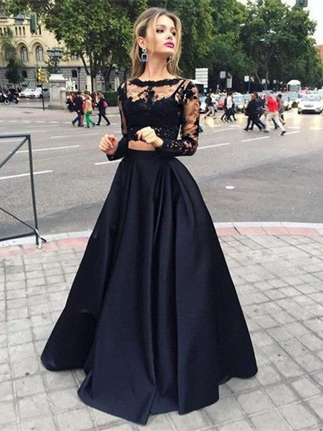 Vestidos de fiesta de satén con mangas largas y escote barco hasta el suelo