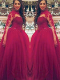 Vestidos de fiesta de tul con mangas largas, cuello alto y apliques hasta el suelo