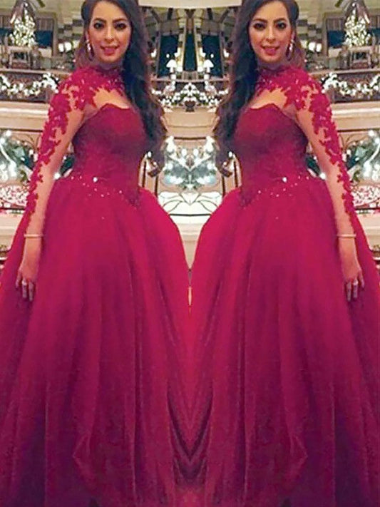 Vestidos de fiesta de tul con mangas largas, cuello alto y apliques hasta el suelo
