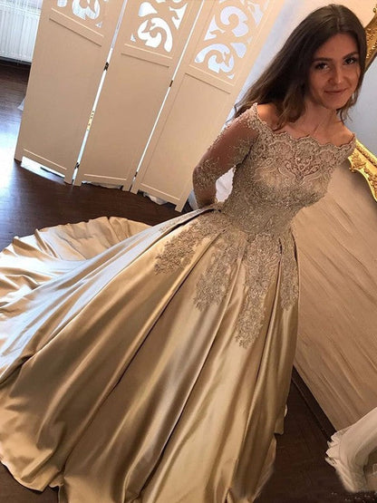 Vestidos de fiesta de satén con apliques y mangas largas y hombros descubiertos