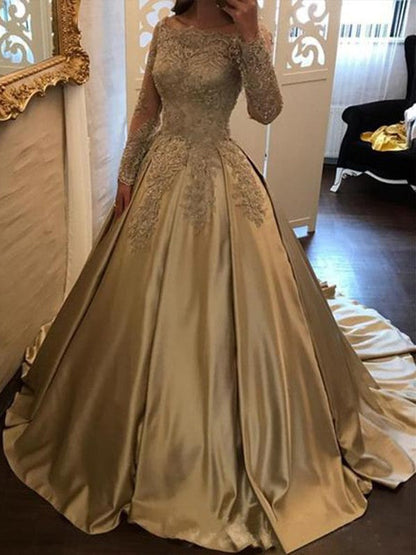 Vestidos de fiesta de satén con apliques y mangas largas y hombros descubiertos