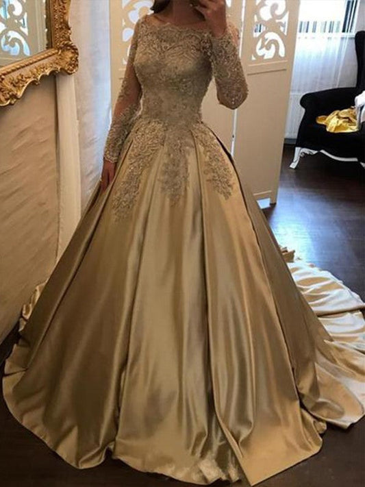 Vestidos de fiesta de satén con apliques y mangas largas y hombros descubiertos