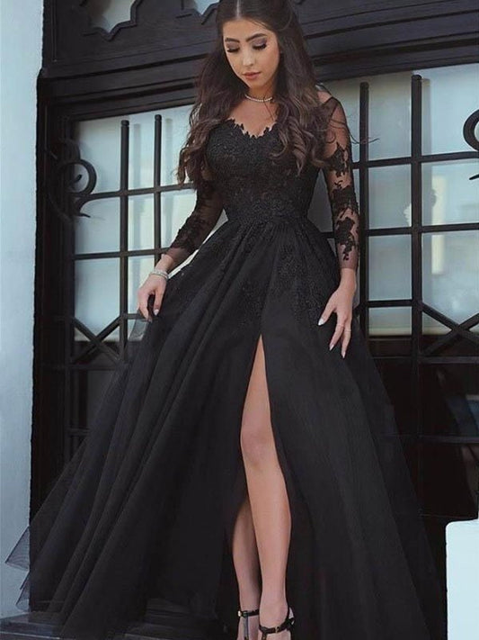 Vestido de fiesta de tul con mangas largas, hombros descubiertos y largo hasta el suelo