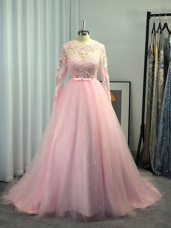 Vestidos de fiesta con mangas largas, tul, encaje y joya