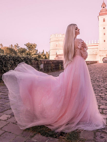 Vestidos de fiesta con mangas largas, tul, encaje y joya