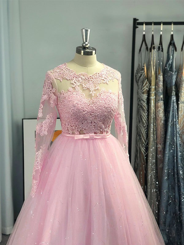 Vestidos de fiesta con mangas largas, tul, encaje y joya