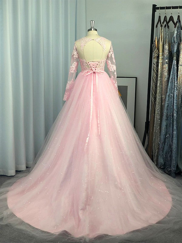 Vestidos de fiesta con mangas largas, tul, encaje y joya