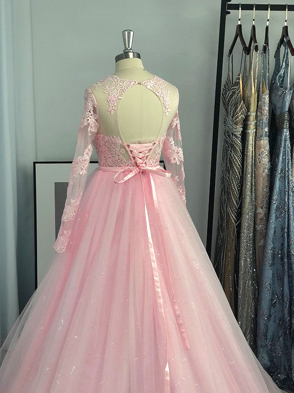Vestidos de fiesta con mangas largas, tul, encaje y joya