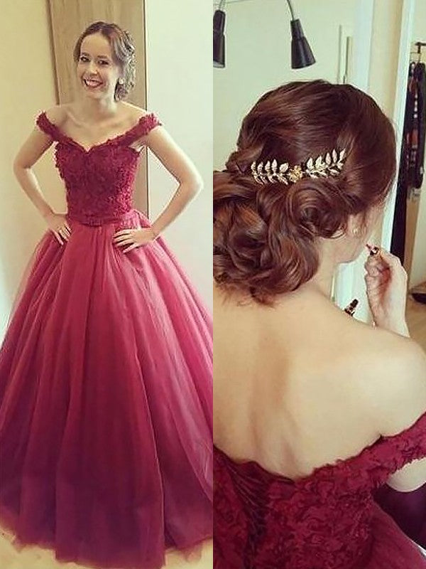 Ballkleid Off-the-Shoulder Applikation Ärmellos Bodenlang Tüll Ballkleider