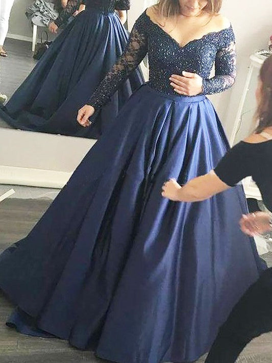 Vestidos de fiesta de satén con mangas largas y hombros descubiertos y cuentas