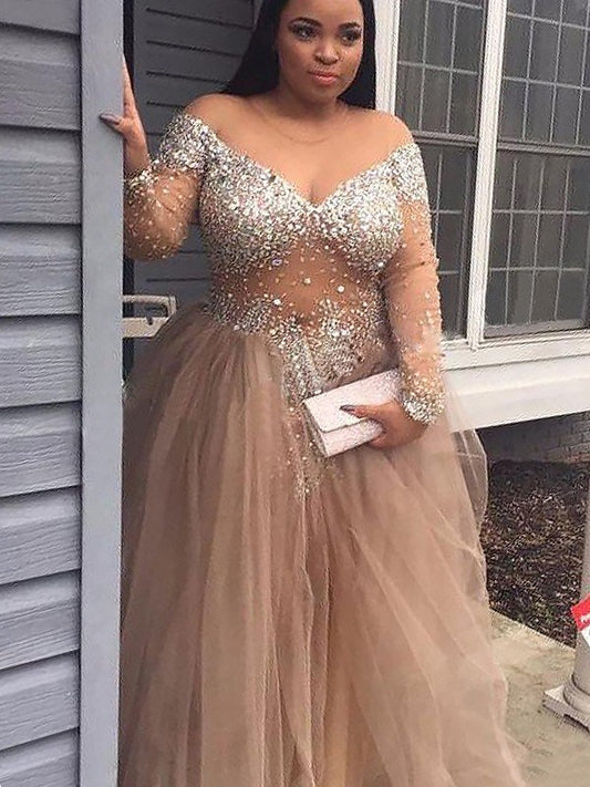 Vestido de fiesta largo hasta el suelo con lentejuelas, tul y mangas largas con hombros descubiertos