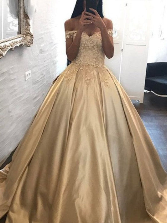 Vestidos de fiesta de satén con apliques, sin mangas y hombros descubiertos