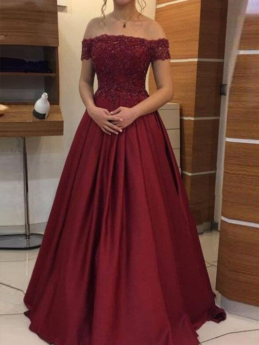 Vestidos de fiesta de satén con apliques, sin mangas, hombros descubiertos y largo hasta el suelo