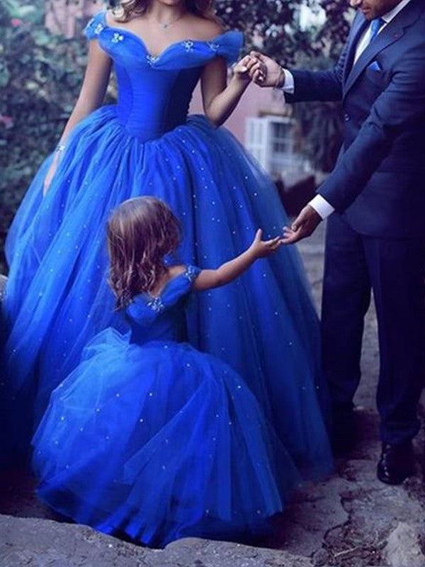Ballkleid Off-the-Shoulder Ärmellos Bodenlang Perlenbesetzt Tüll Ballkleider