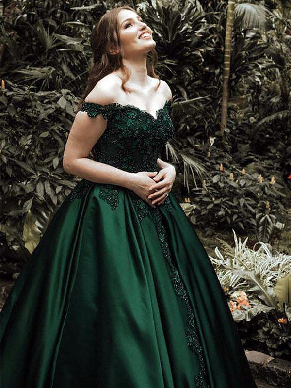 Duchesse-Linie Schulterfrei Ärmellos Bodenlang Spitze Satin Ballkleider