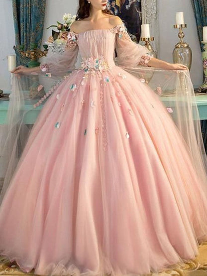 Ballkleid Off-the-Shoulder Tüll Lange Ärmel Handgemachte Blume Bodenlang Ballkleider