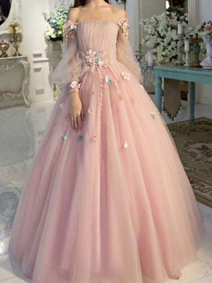 Ballkleid Off-the-Shoulder Tüll Lange Ärmel Handgemachte Blume Bodenlang Ballkleider