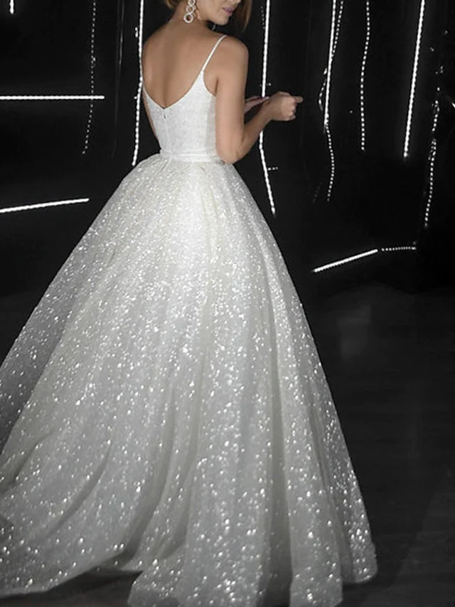 Noemi | Ballkleid Ballkleider Glitzerkleid Hochzeit Party Hofschleppe Ärmellos Spaghettiträger Tüll mit Pailletten
