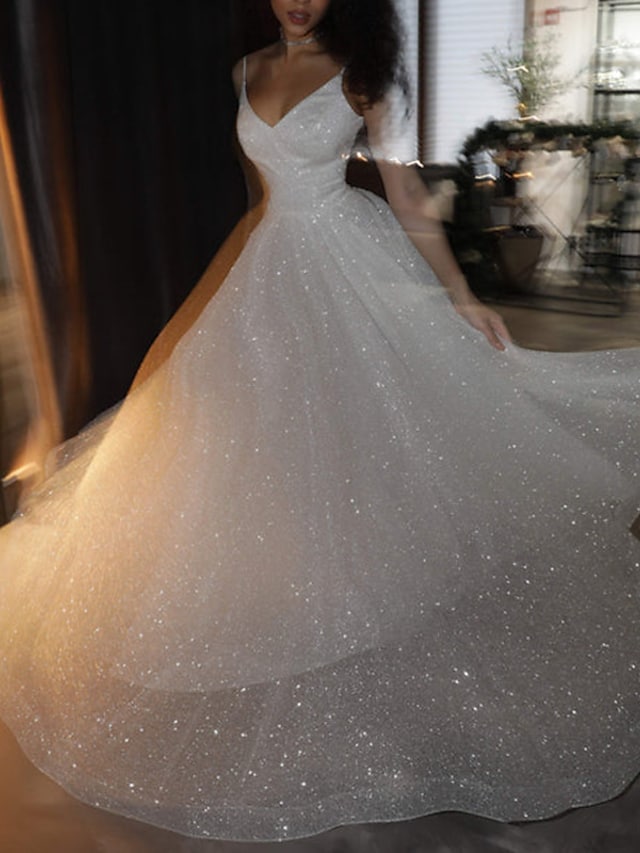 Noemi | Ballkleid Ballkleider Glitzerkleid Hochzeit Party Hofschleppe Ärmellos Spaghettiträger Tüll mit Pailletten