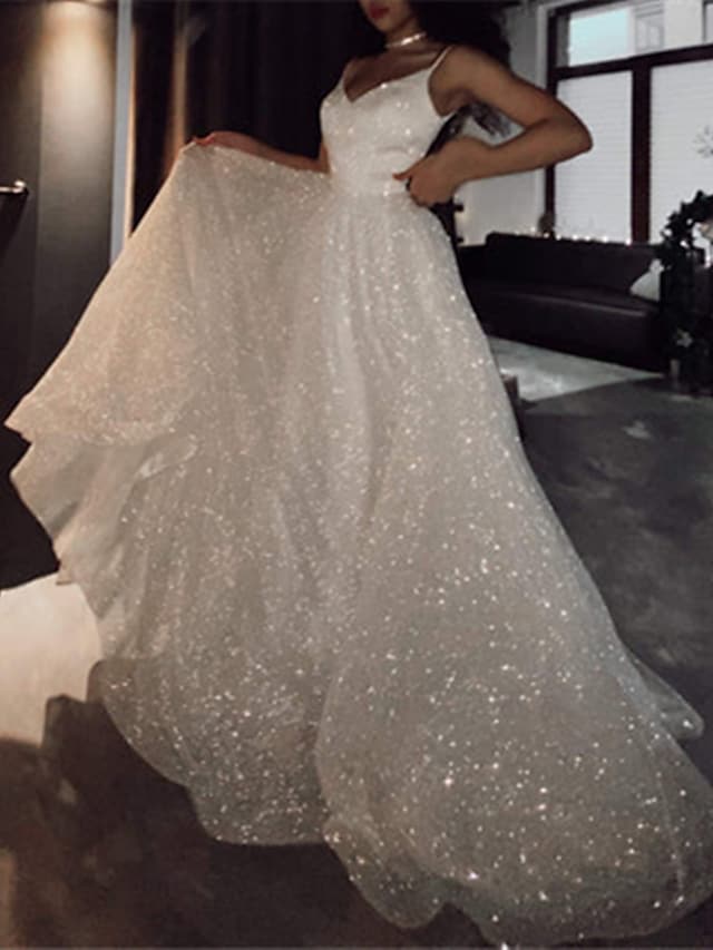 Noemi | Ballkleid Ballkleider Glitzerkleid Hochzeit Party Hofschleppe Ärmellos Spaghettiträger Tüll mit Pailletten