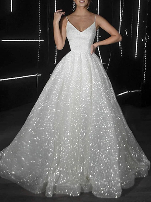 Noemi | Ballkleid Ballkleider Glitzerkleid Hochzeit Party Hofschleppe Ärmellos Spaghettiträger Tüll mit Pailletten