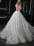 Noemi | Ballkleid Ballkleider Glitzerkleid Hochzeit Party Hofschleppe Ärmellos Spaghettiträger Tüll mit Pailletten