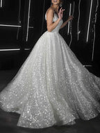 Noemi | Ballkleid Ballkleider Glitzerkleid Hochzeit Party Hofschleppe Ärmellos Spaghettiträger Tüll mit Pailletten